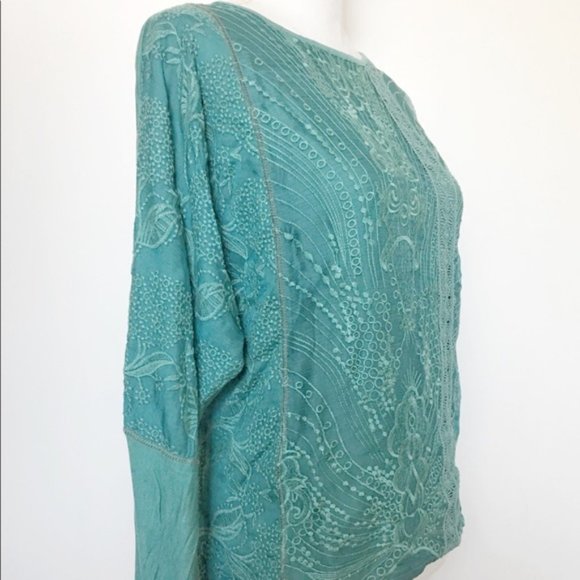 NWT Anthropologie Teal Green Tiny Kate Lacey Boho Batwing Embroidered Top Sz M - Picture 6 of 10